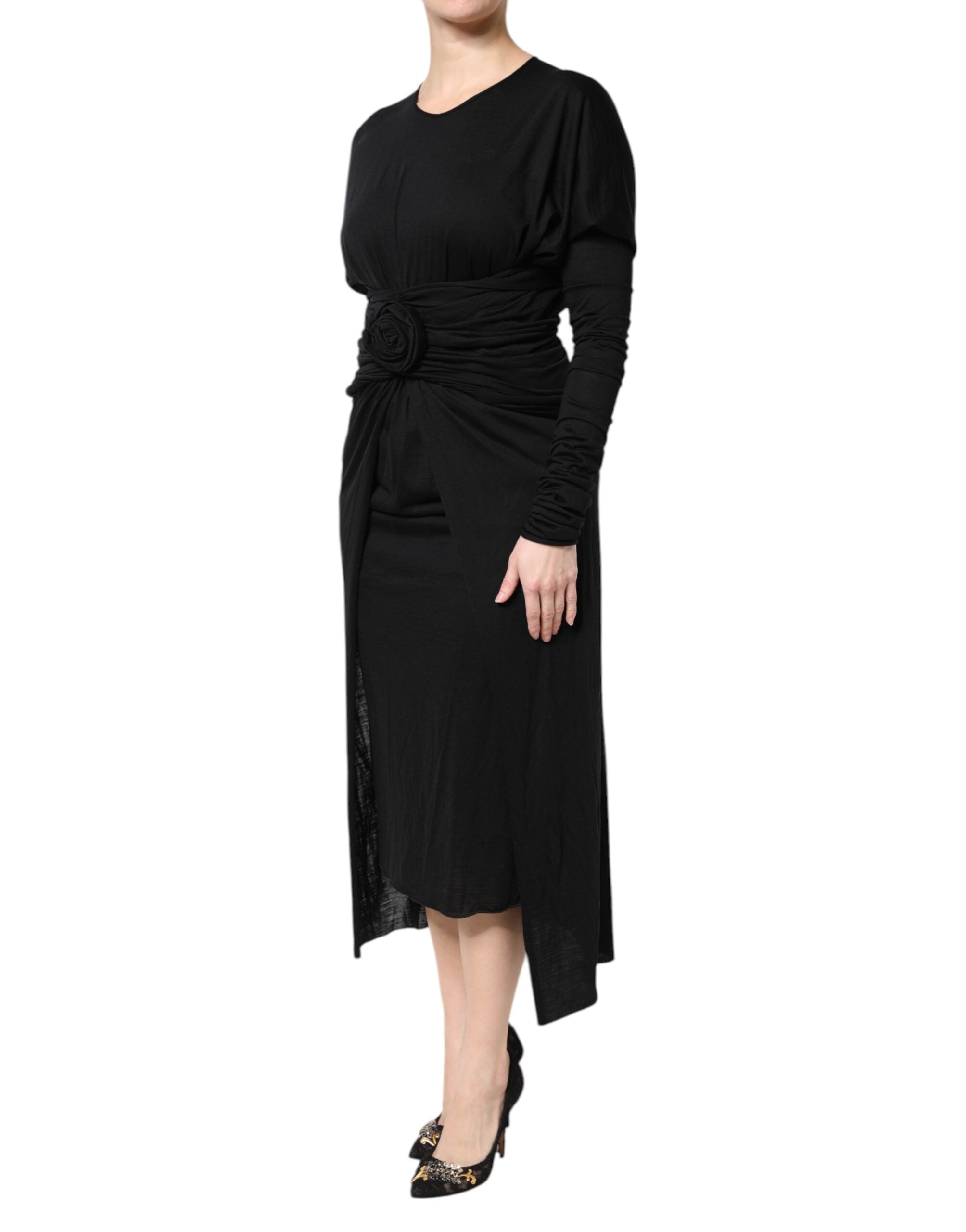 Dolce & Gabbana Schwarzes Woll-Midi-Scheidenkleid mit langen Ärmeln