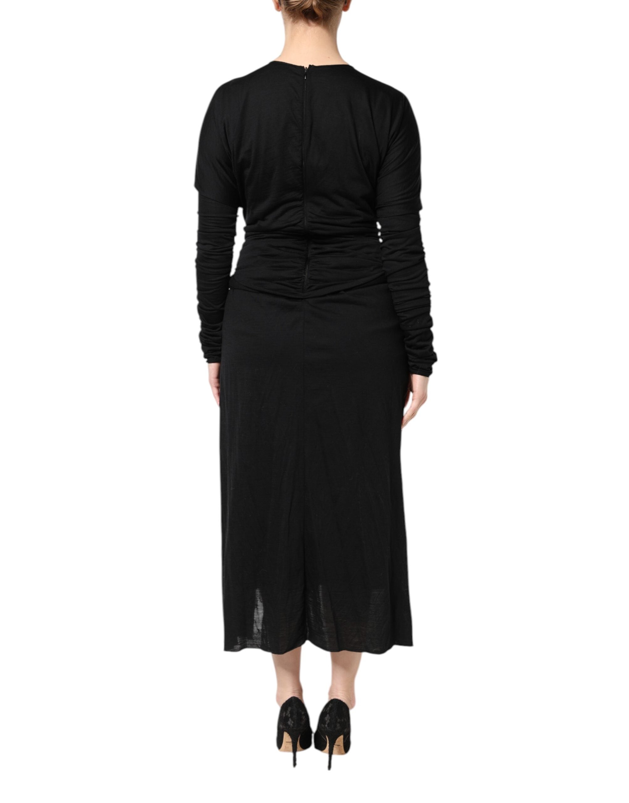 Dolce & Gabbana Schwarzes Woll-Midi-Scheidenkleid mit langen Ärmeln