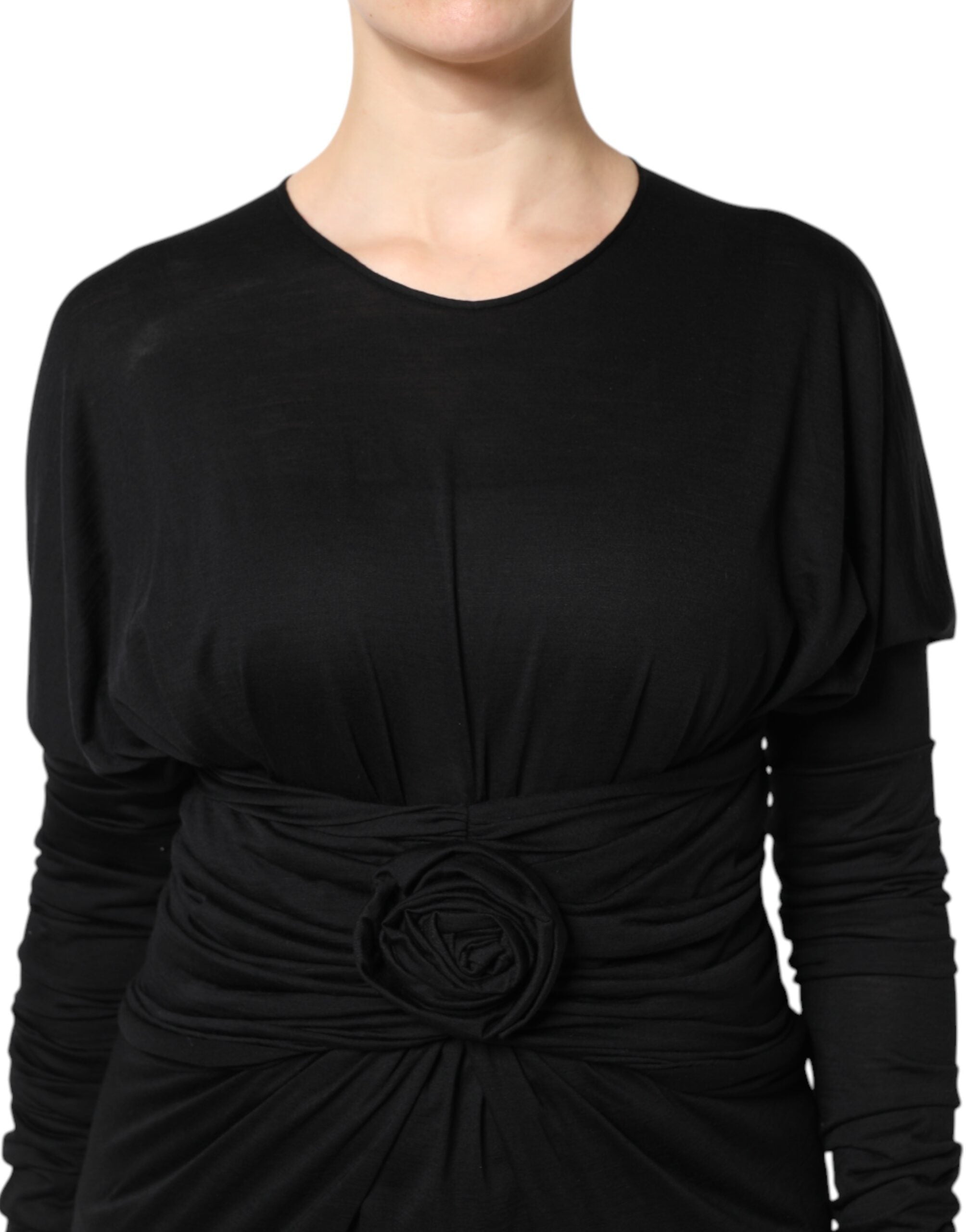 Dolce & Gabbana Schwarzes Woll-Midi-Scheidenkleid mit langen Ärmeln