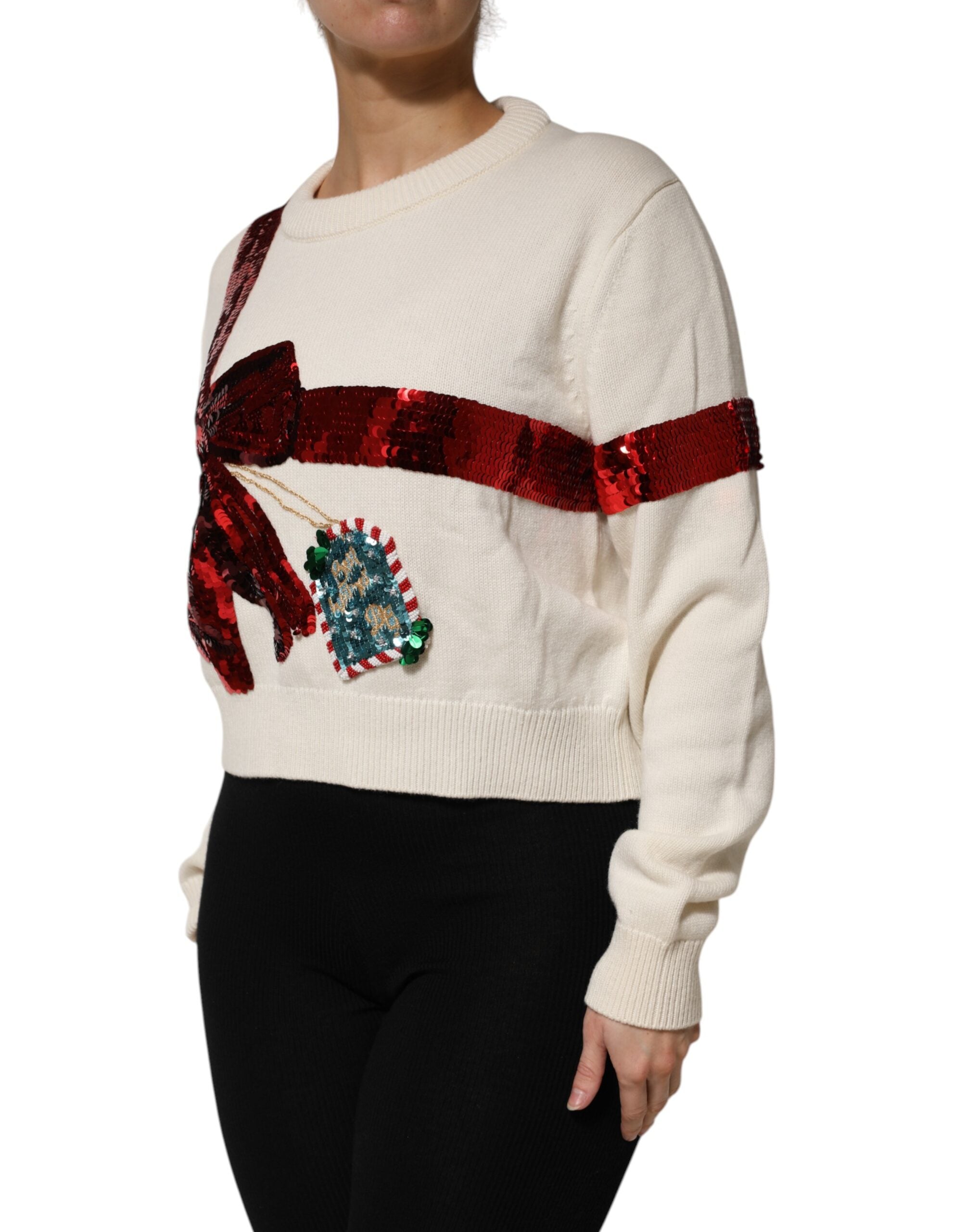 Dolce & Gabbana White Sequined Crew Neck Pullover Sweater