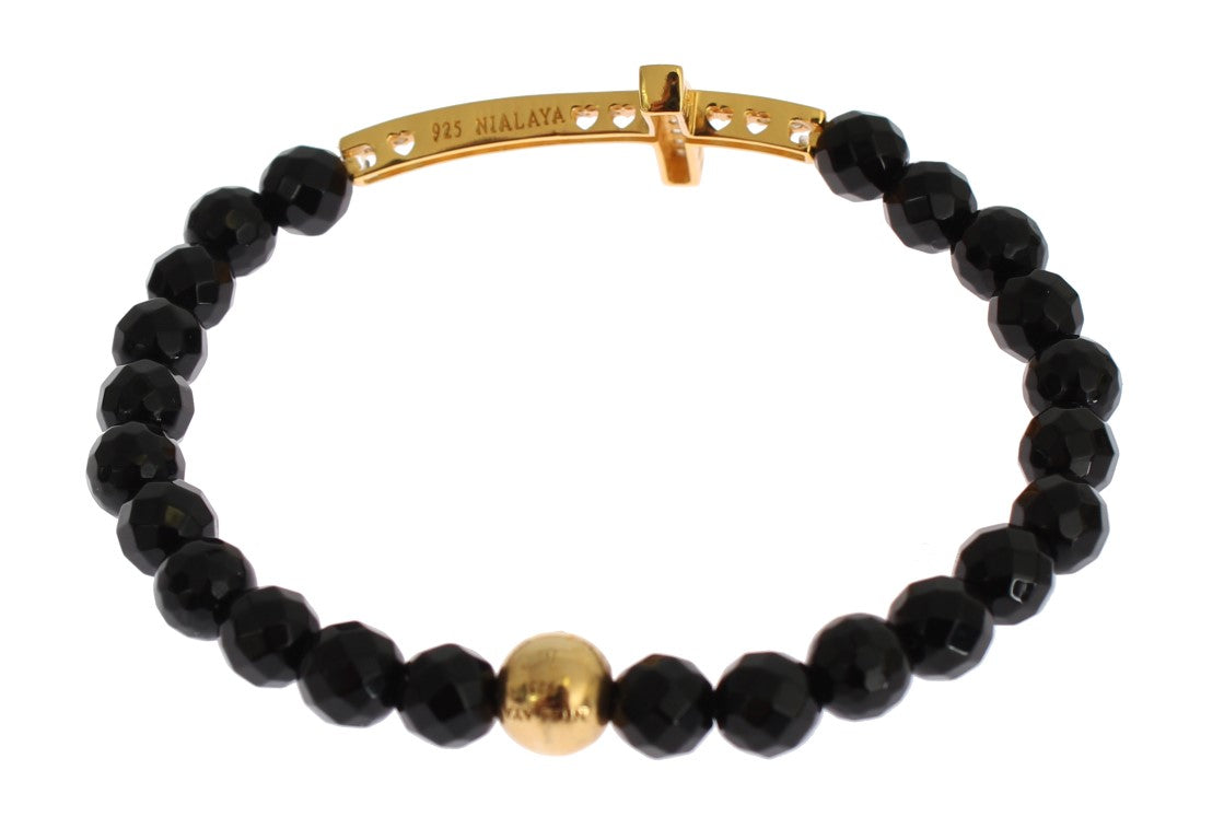 Bracelet en argent 925 Nialaya avec agate et croix dorée sertie de zirconiums cubiques