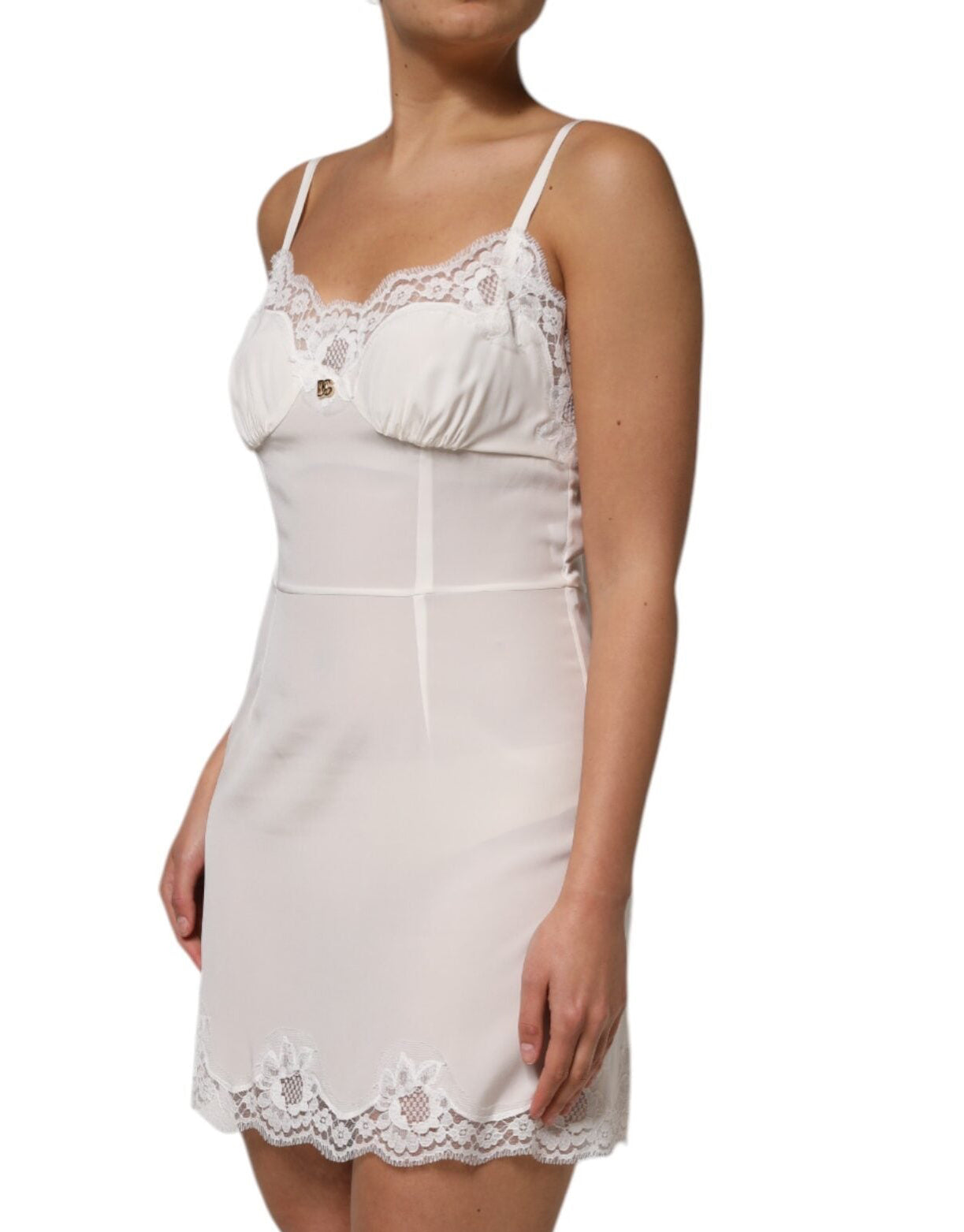 Dolce & Gabbana weißes Spitzen-Seidenkleid mit DG-Logo zum Schlafen