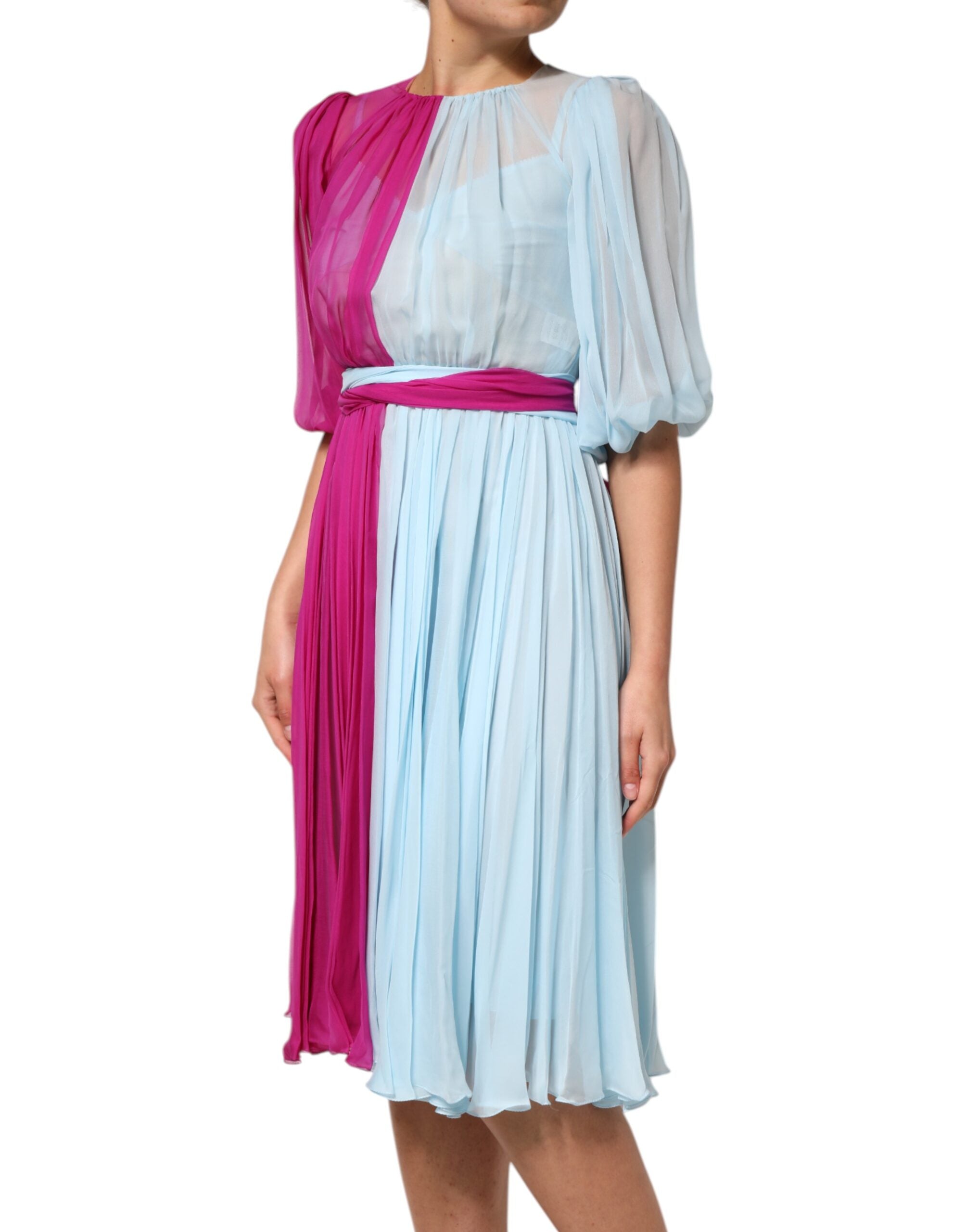Dolce & Gabbana Fuchsiapink Hellblaues Zweifarbiges Midikleid Aus Seide