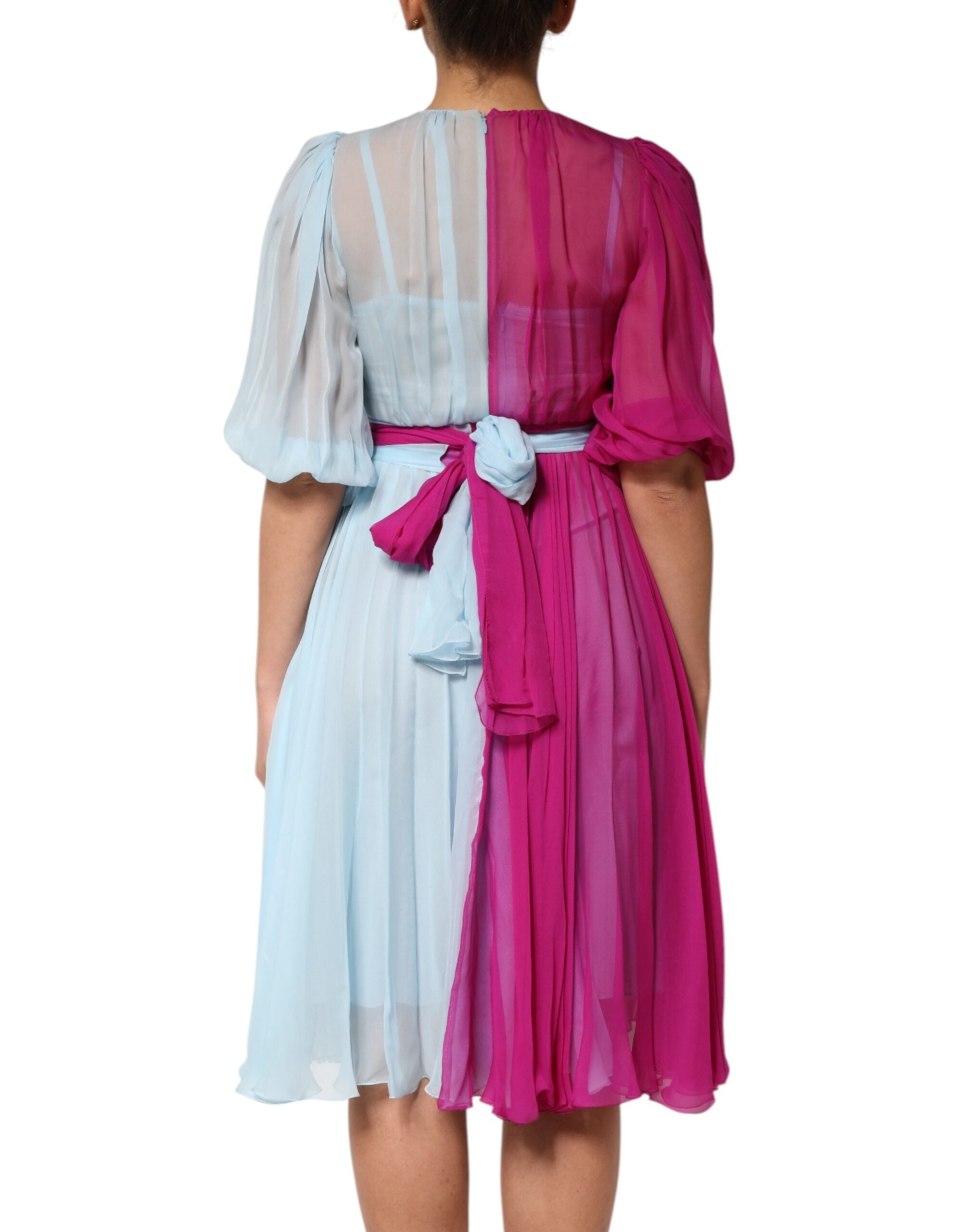 Dolce & Gabbana Fuchsiapink Hellblaues Zweifarbiges Midikleid Aus Seide