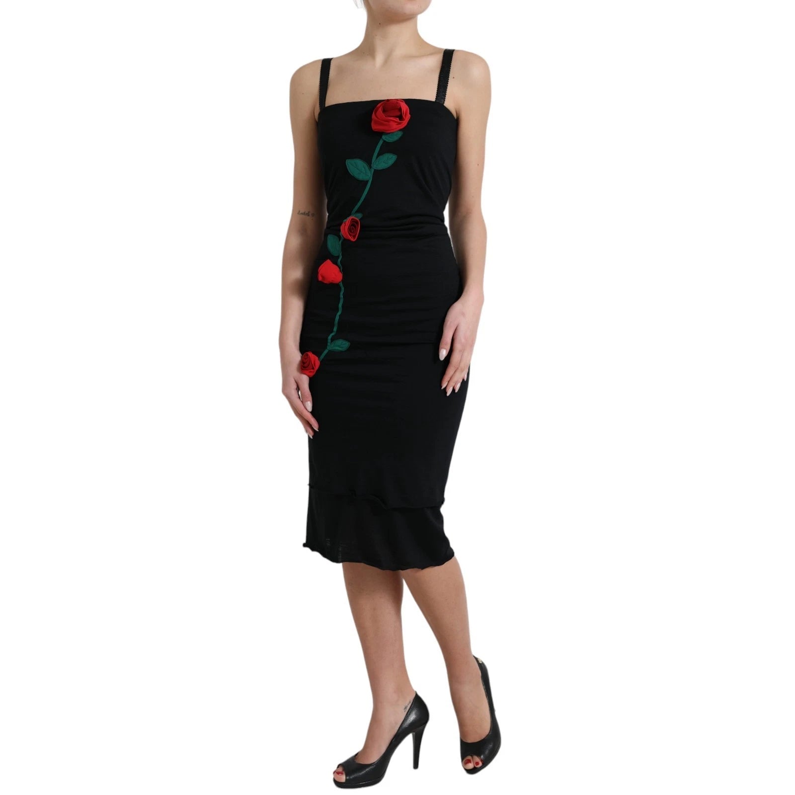 Dolce & Gabbana Schwarzes ärmelloses Wollkleid mit Rosenapplikationen