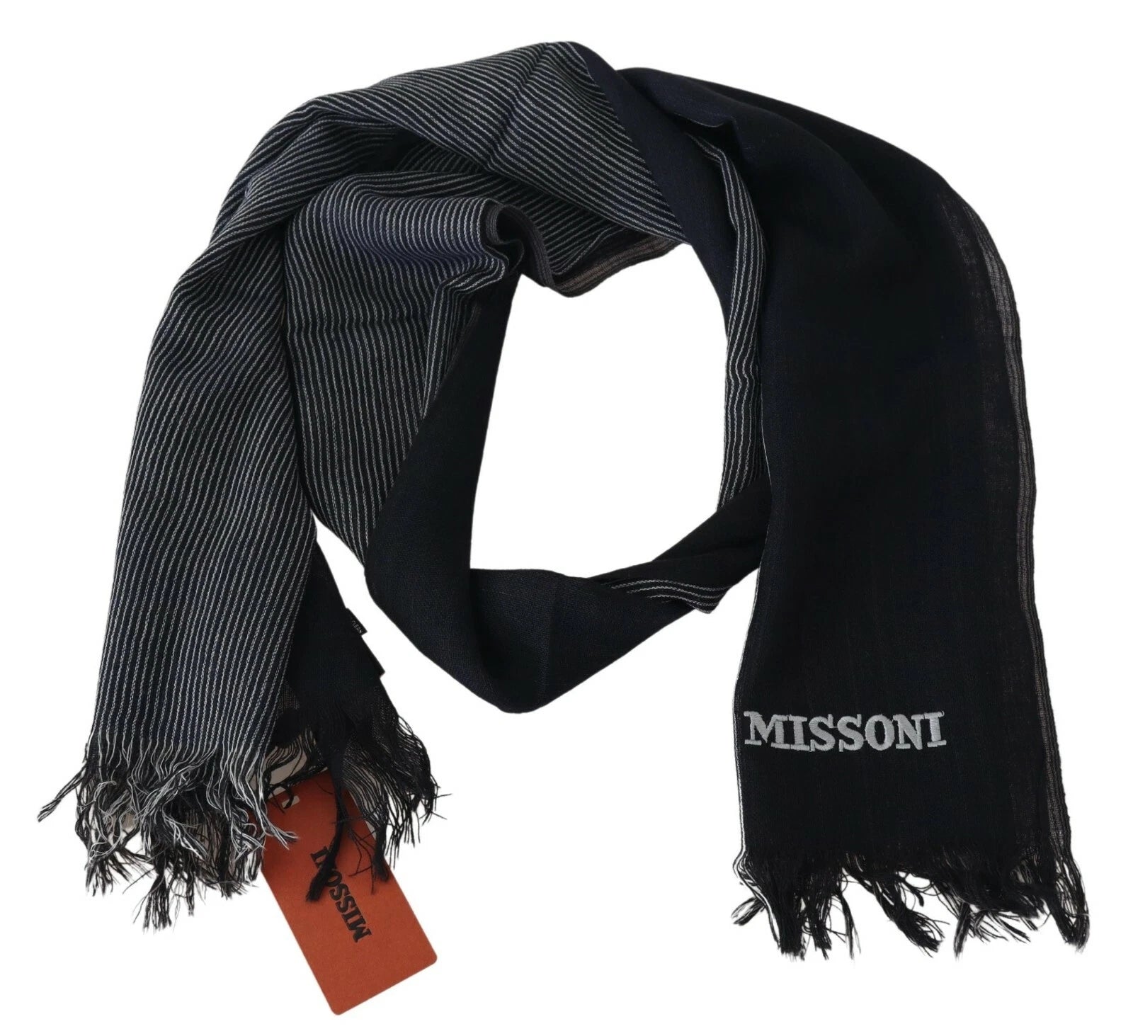 M Missoni Black Striped Wool Unisex Neck Wrap Fringes Logo Scarf