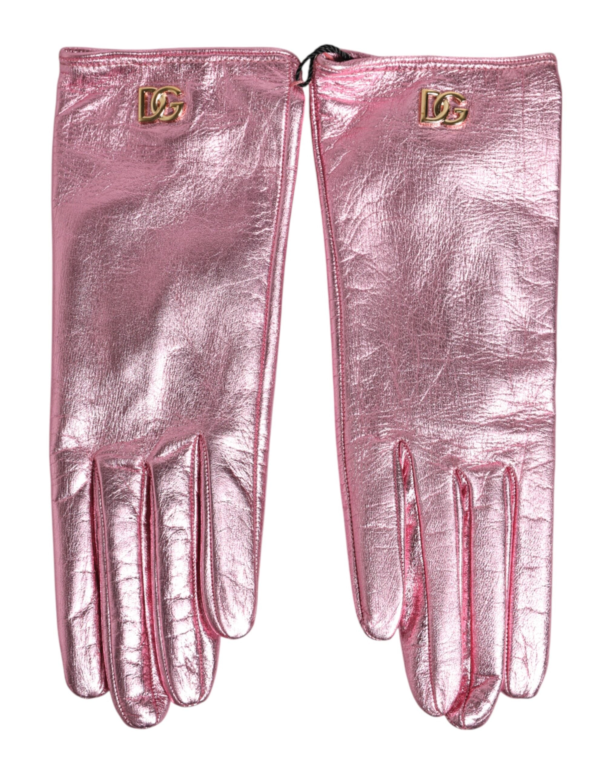 Dolce & Gabbana Pinke Leder-Fäustlinge mit DG-Logo und Handgelenkslänge