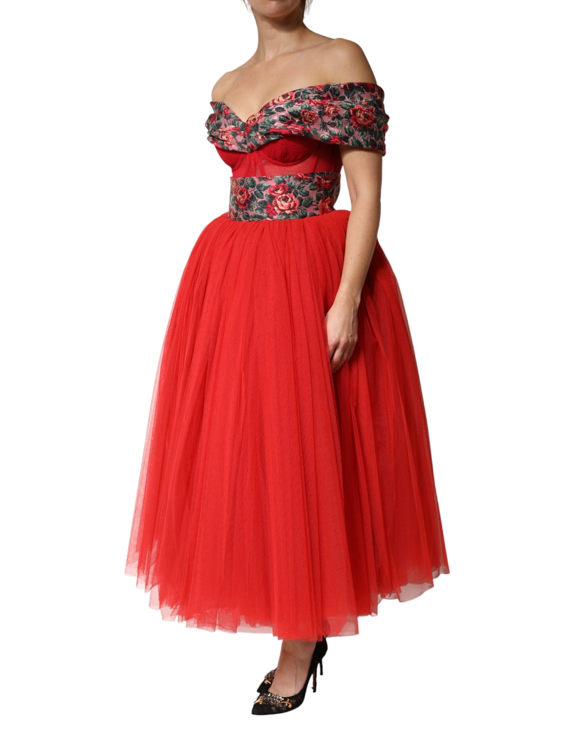 Robe longue évasée rouge fleurie Dolce & Gabbana à épaules dénudées
