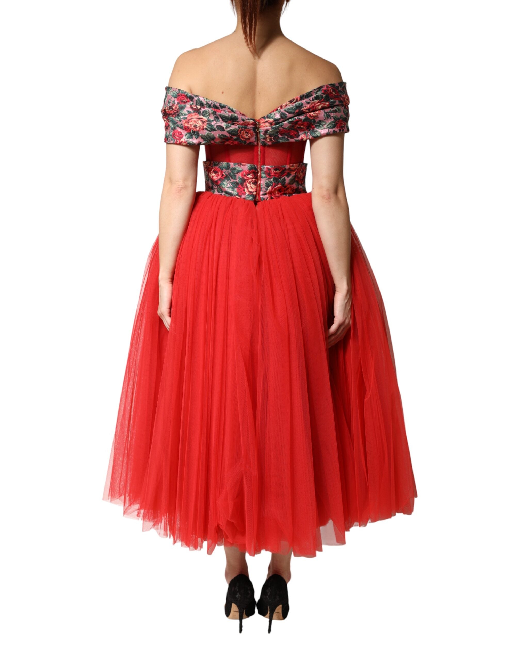 Robe longue évasée rouge fleurie Dolce & Gabbana à épaules dénudées