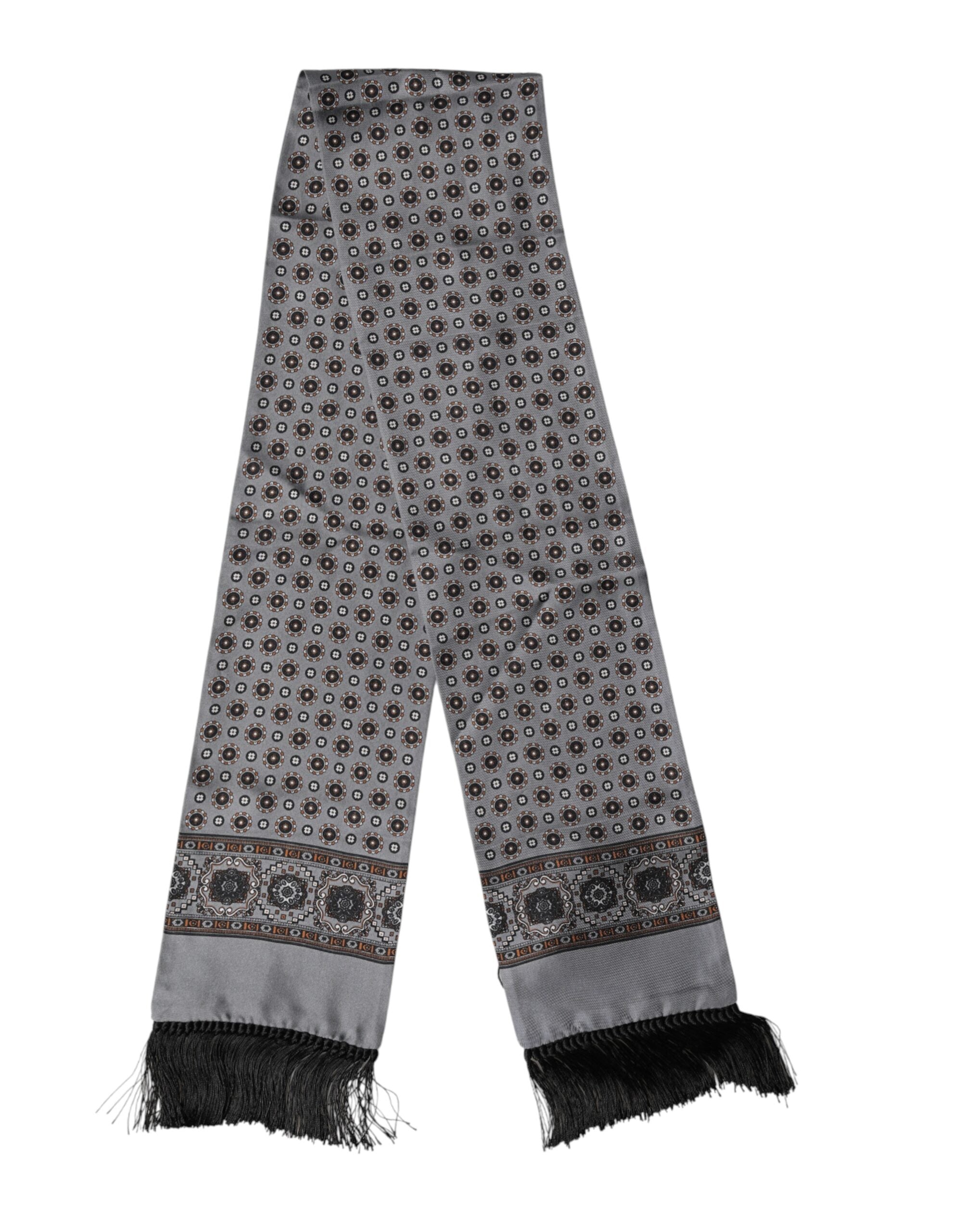 Dolce & Gabbana Gray Patterned Fringes Neck Foulard Scarf