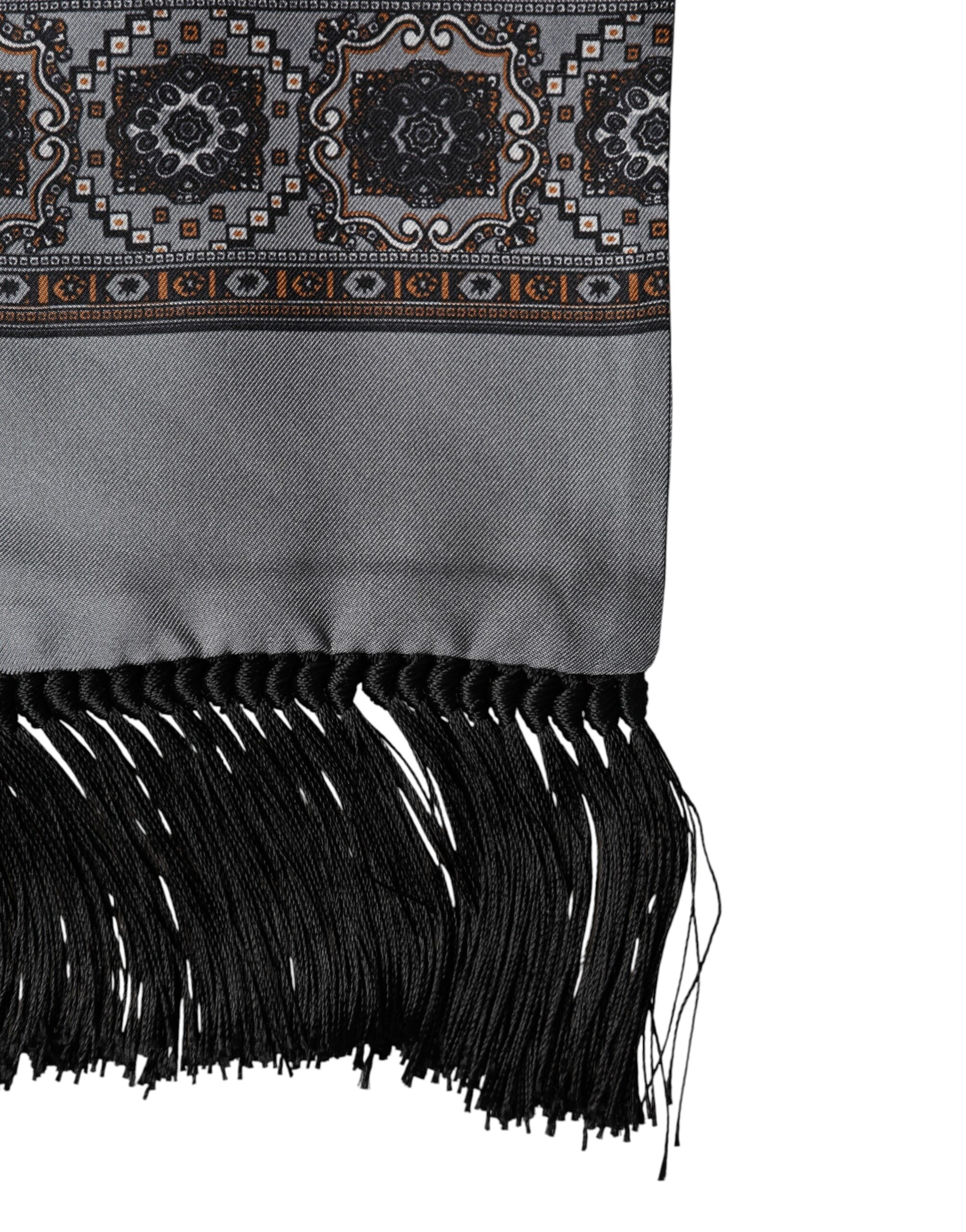 Dolce & Gabbana Gray Patterned Fringes Neck Foulard Scarf