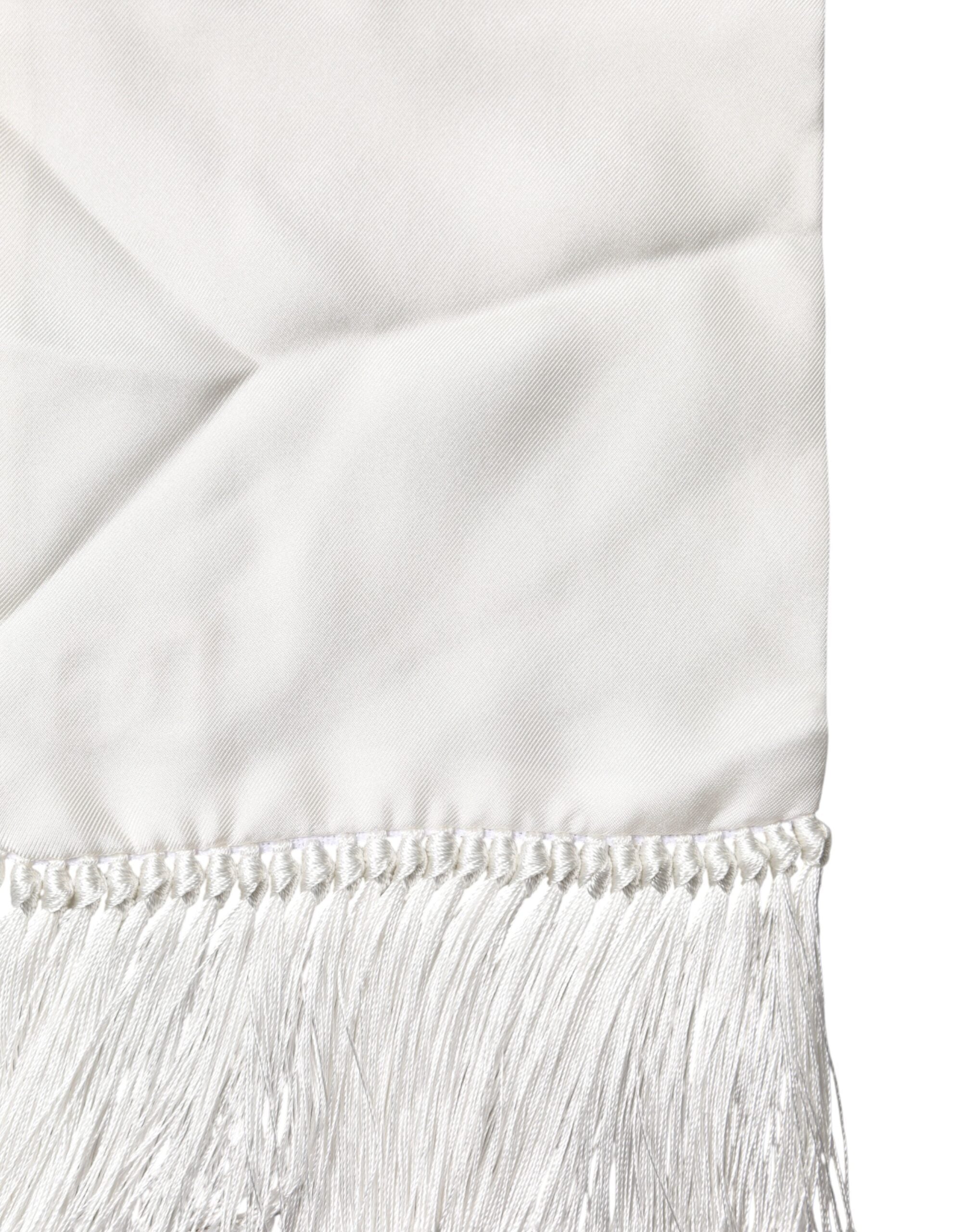 Dolce & Gabbana White Satin Silk Fringes Neck Foulard  Scarf