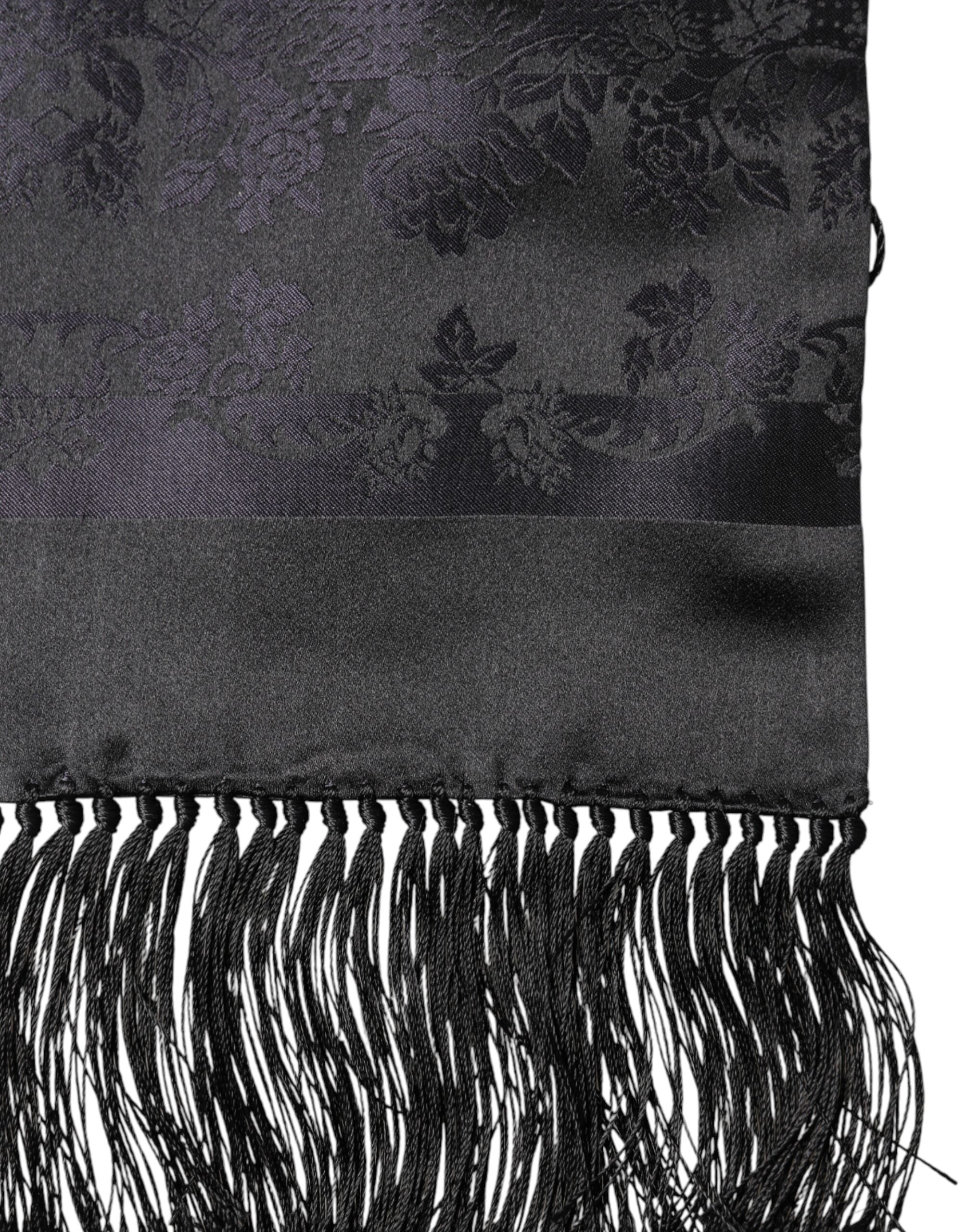 Dolce & Gabbana Schwarzer Satin Seide Fransen Hals Foulard Schal