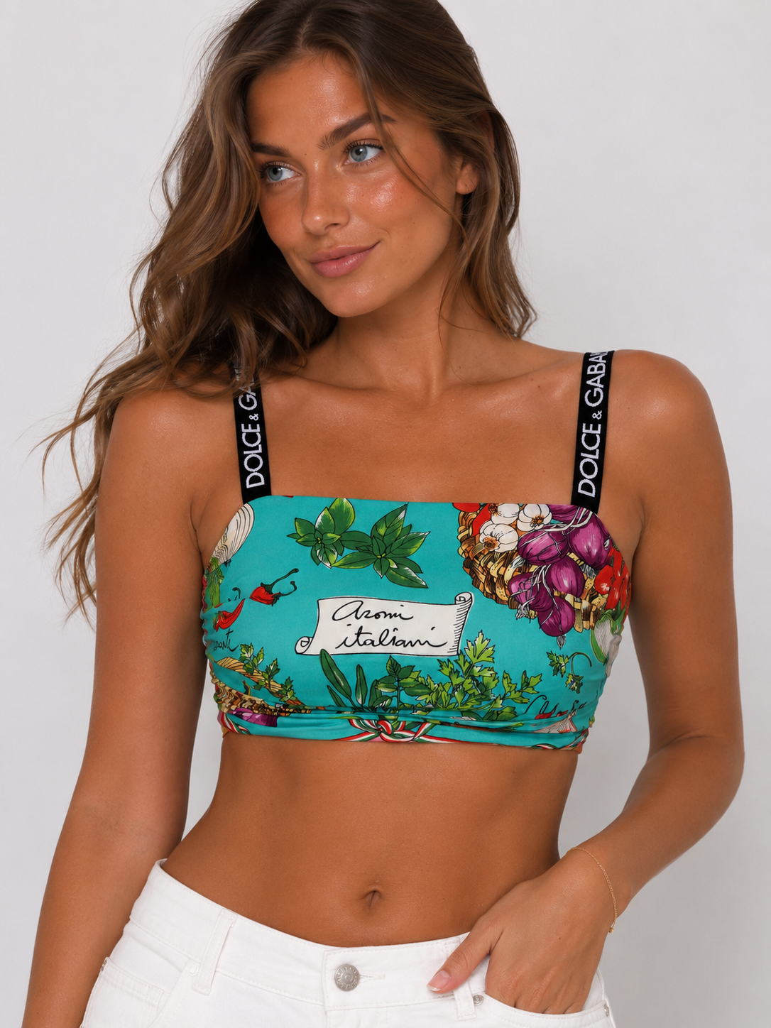 Dolce & Gabbana Turquoise Vegetable Print Silk Crop Tank Top