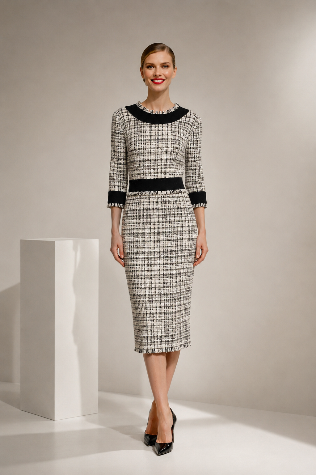 Dolce & Gabbana Multicolor Bouclé Tweed Frayed Trim Midi Dress