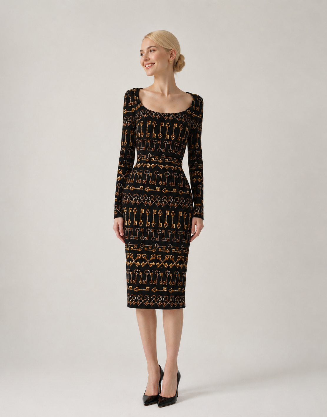 Dolce & Gabbana Black Key Print Long Sleeves Sheath Midi Dress