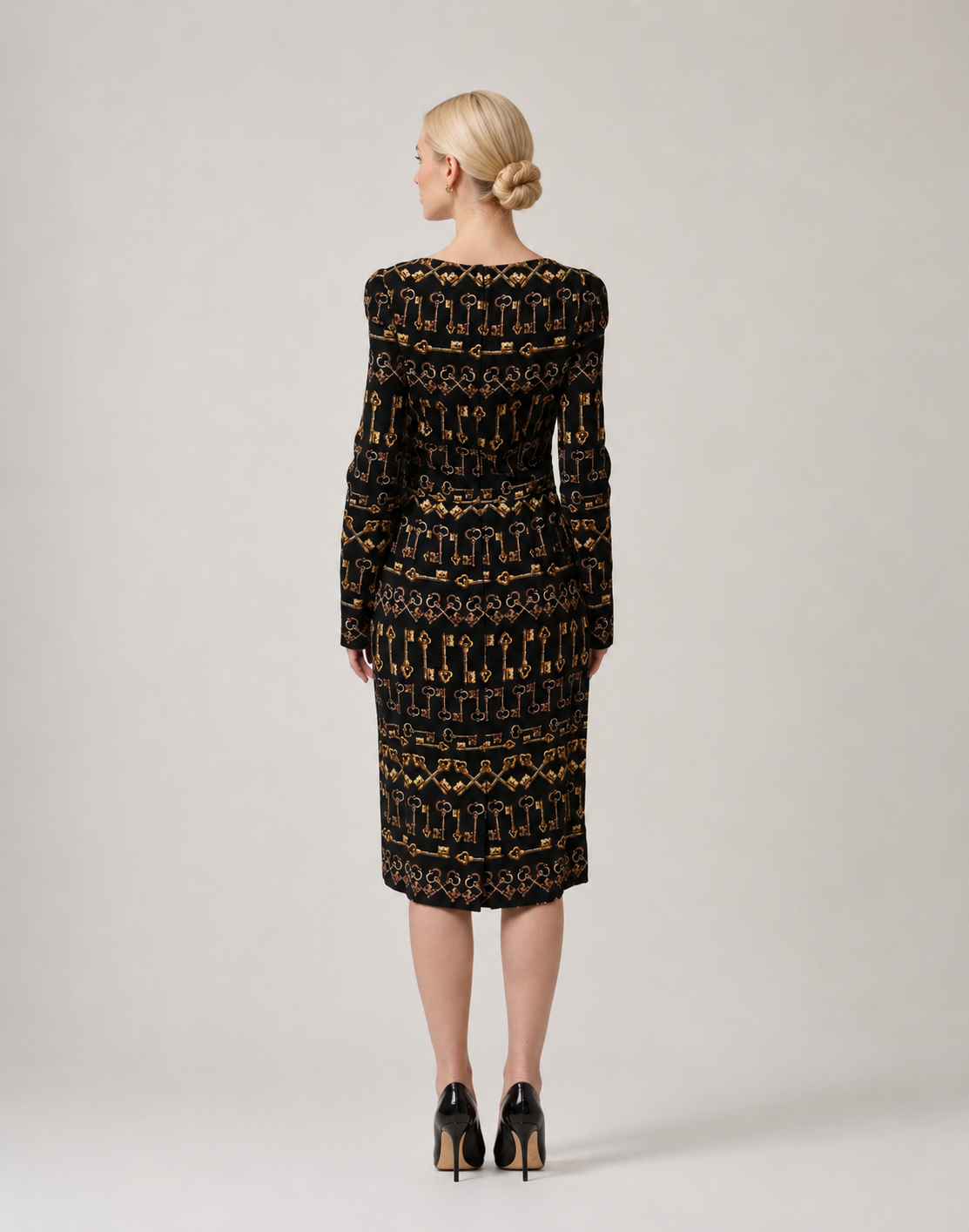 Dolce & Gabbana Black Key Print Long Sleeves Sheath Midi Dress