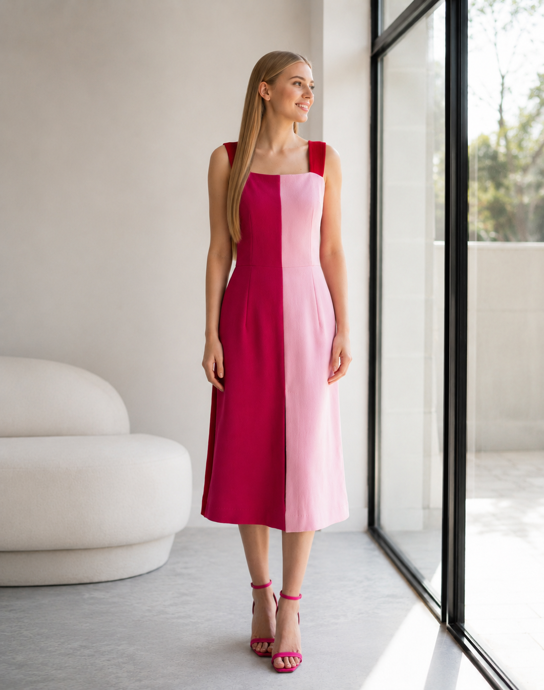 Dolce & Gabbana Two Tone Pink Wool Sleeveless Midi Dress