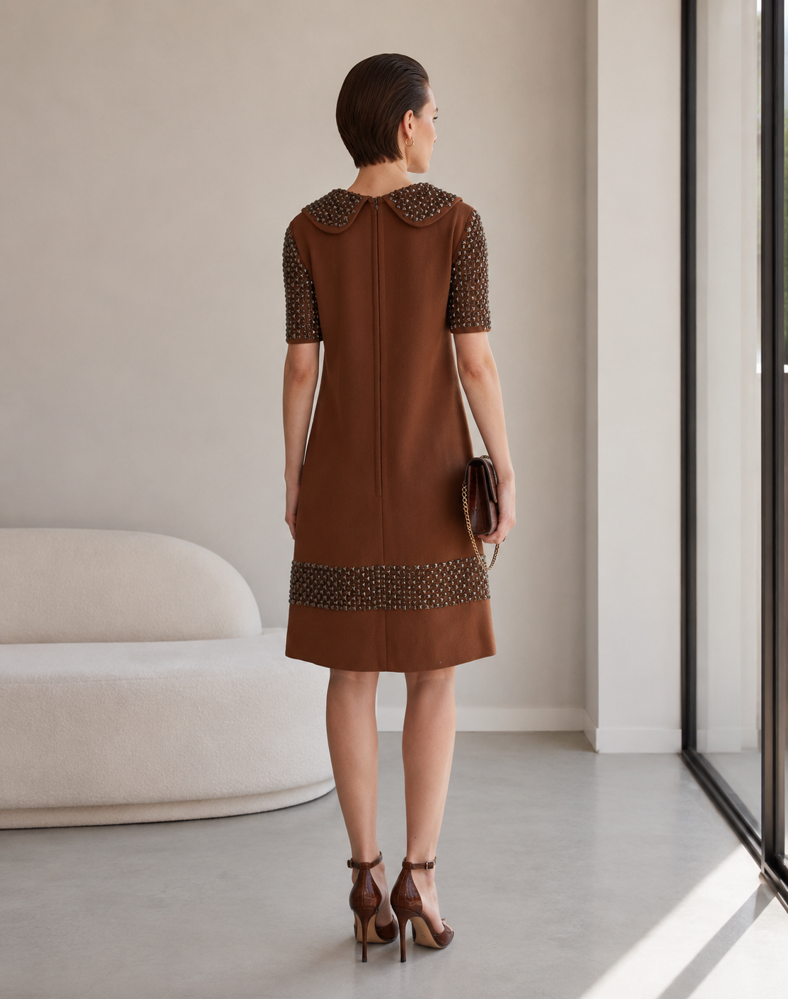 Dolce & Gabbana Brown Wool Rhinestone Embellished Midi Dress