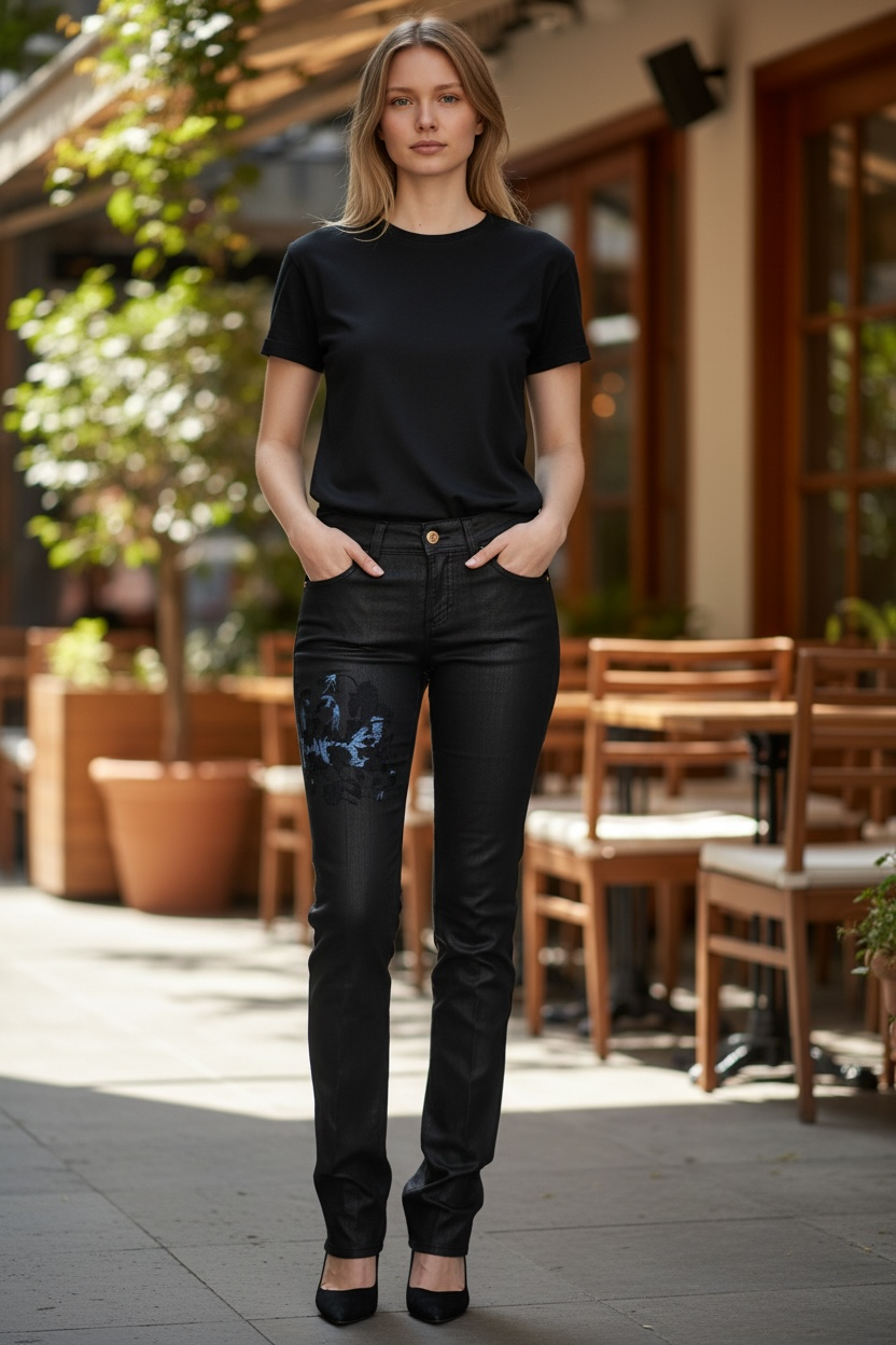 John Galliano Black Swan Floral Embroidered Mid Waist Skinny Denim Jeans